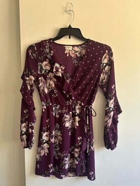 Floral Wrap Long-Sleeve Dress in Plum